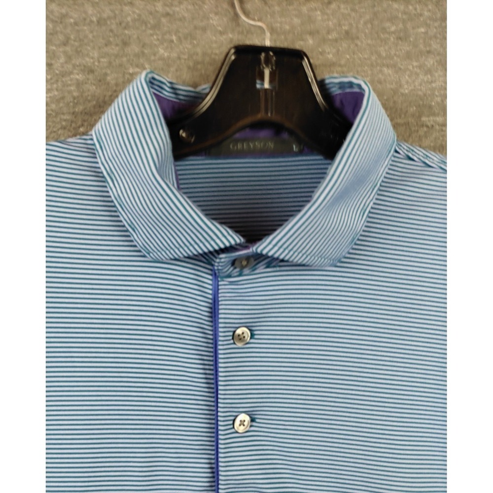Greyson Mens Shirt Large Blue Stripe Golf Polo Active Stretch Wolf Performance